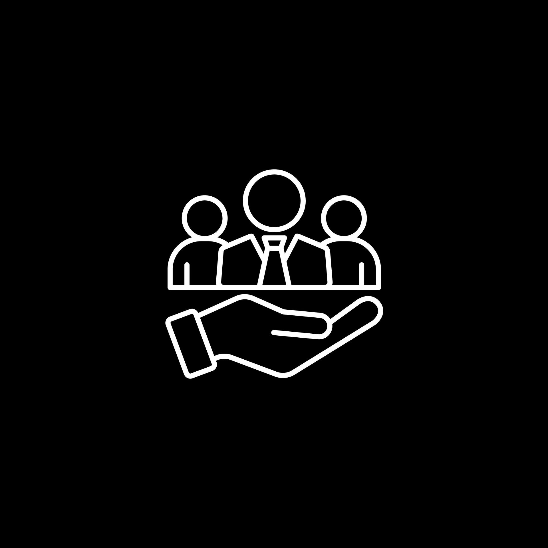 Abstract icon depicting a hand supporting three people, symbolizing teamwork or human resources.