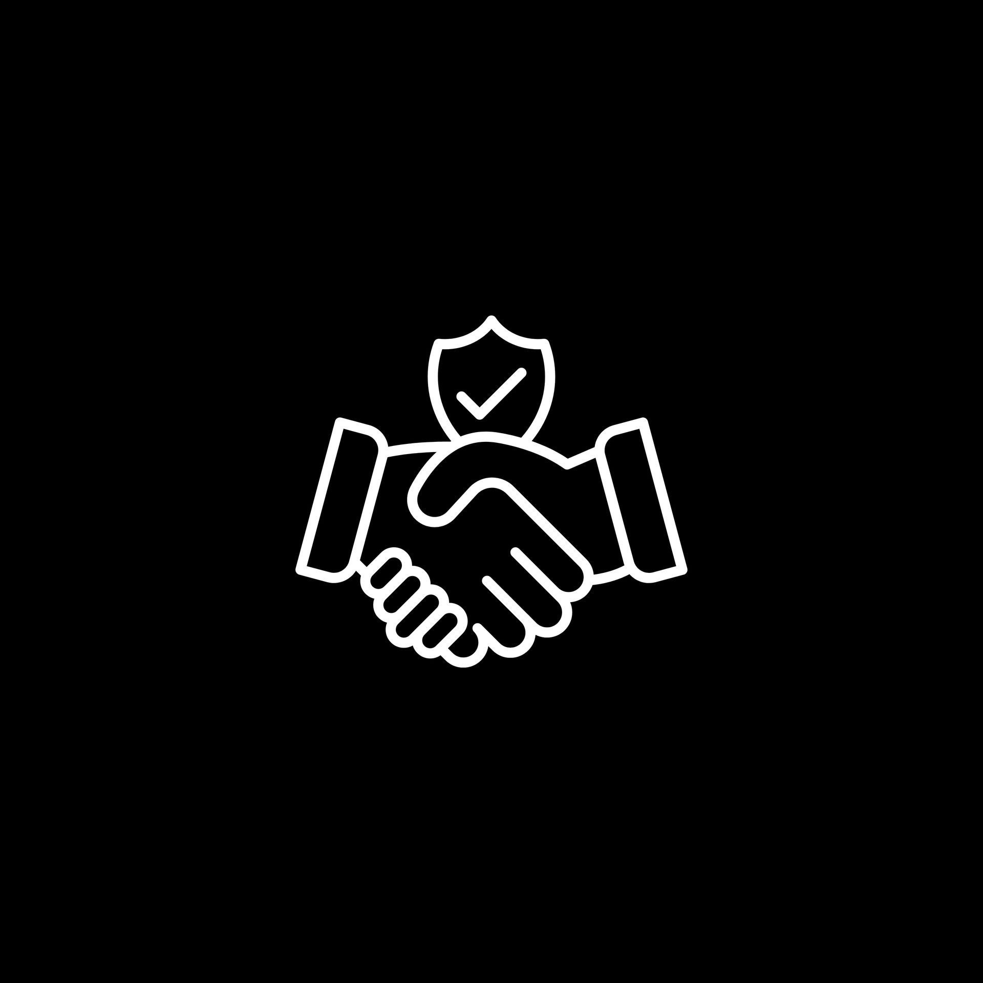 Handshake icon with shield and check mark on a black background.