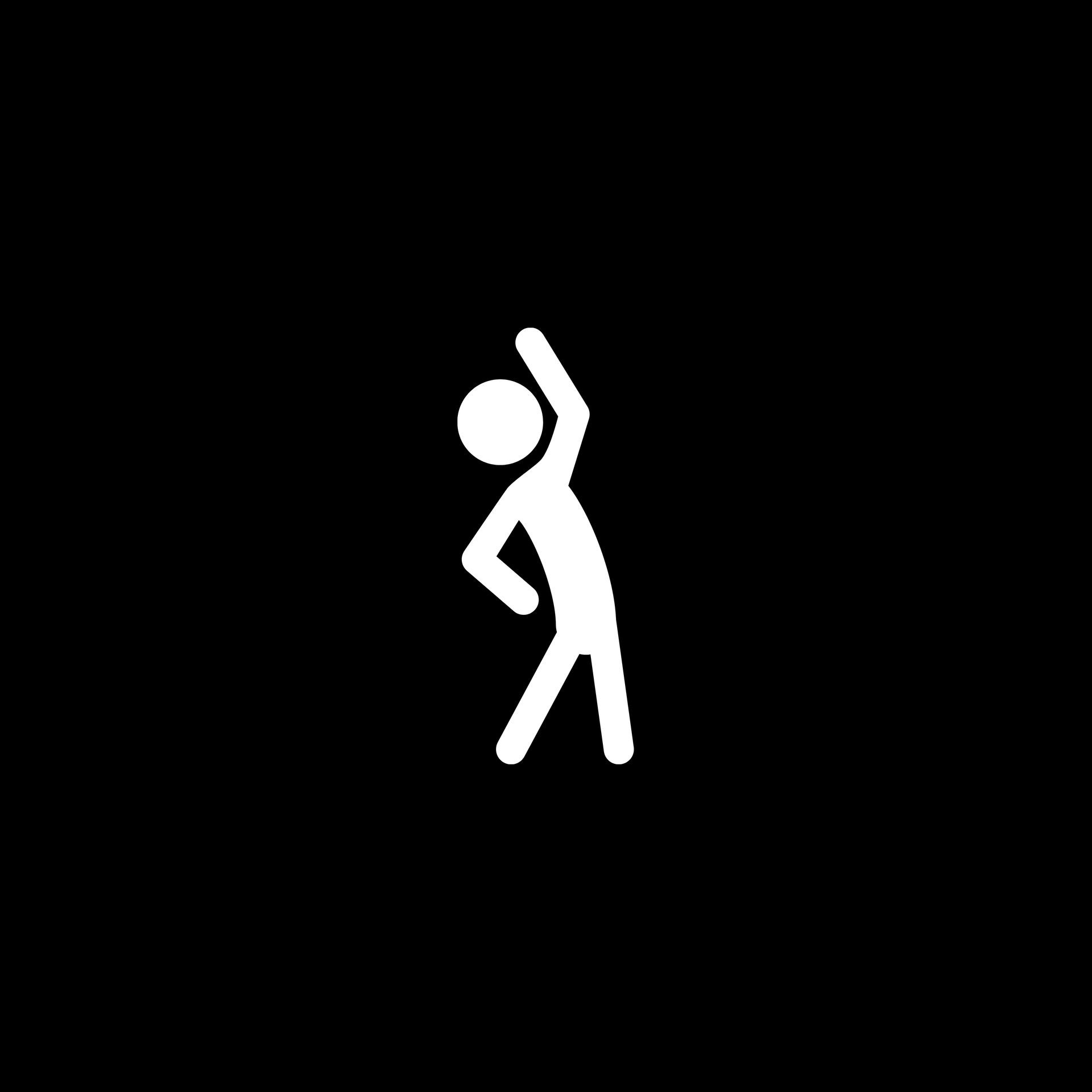 Icon of a person stretching sideways with one arm overhead on a black background.
