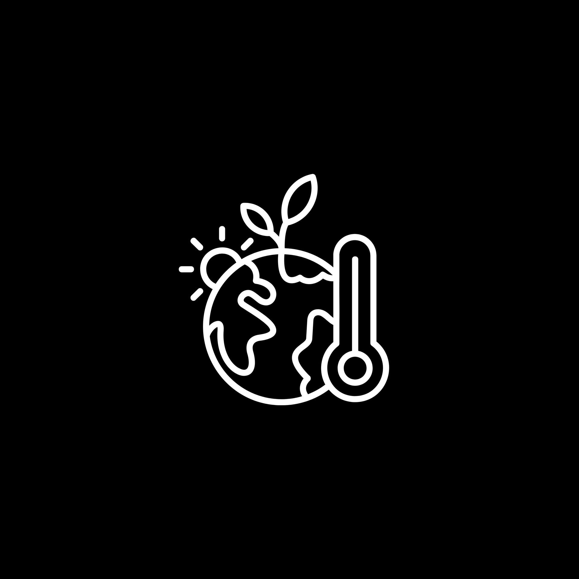 Illustration of Earth with thermometer and sprouting plant on black background, symbolizing global warming.