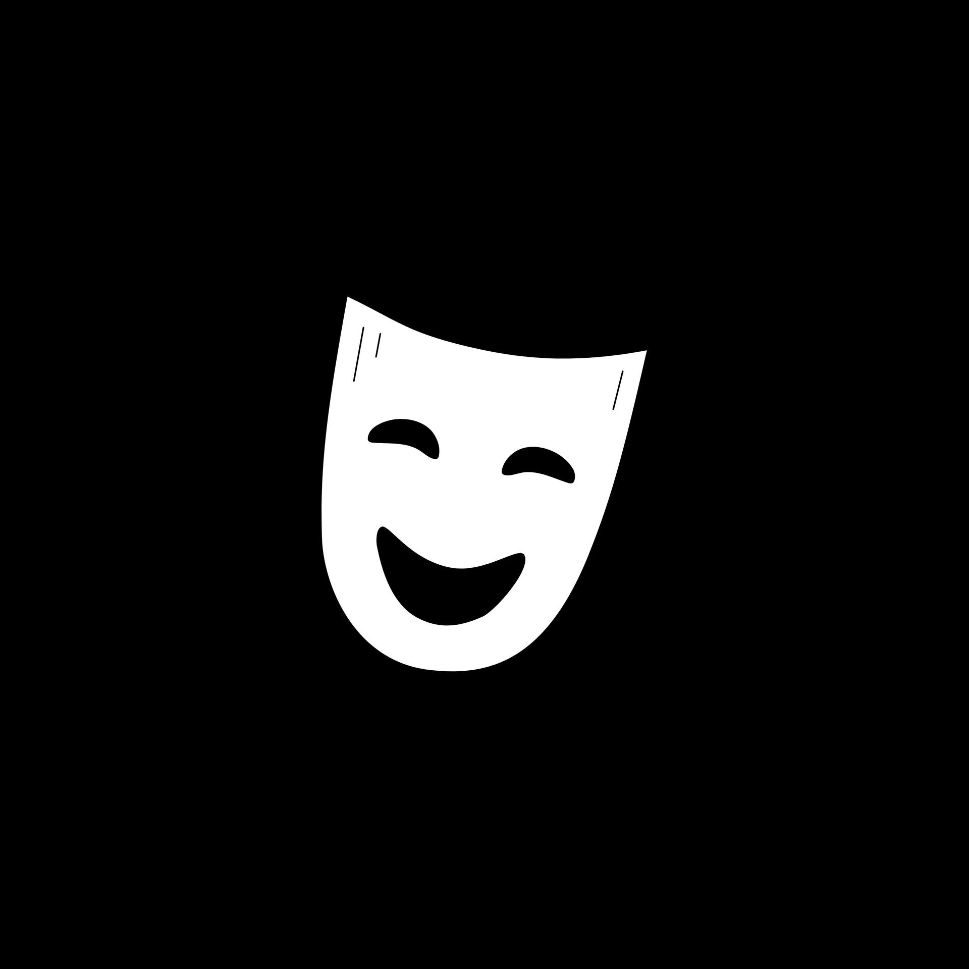 Black and white illustration of a smiling theatrical mask on a black background.