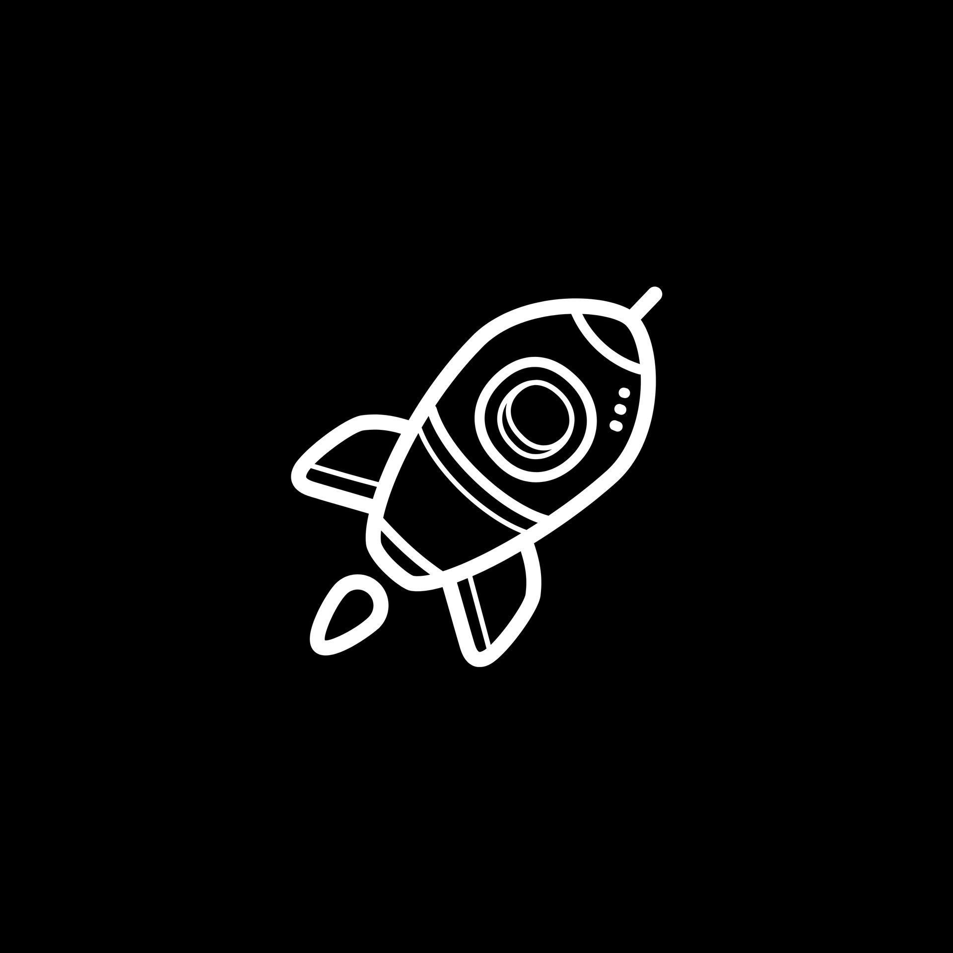 White outline of a cartoon rocket ship on a black background, angled upwards as if launching.