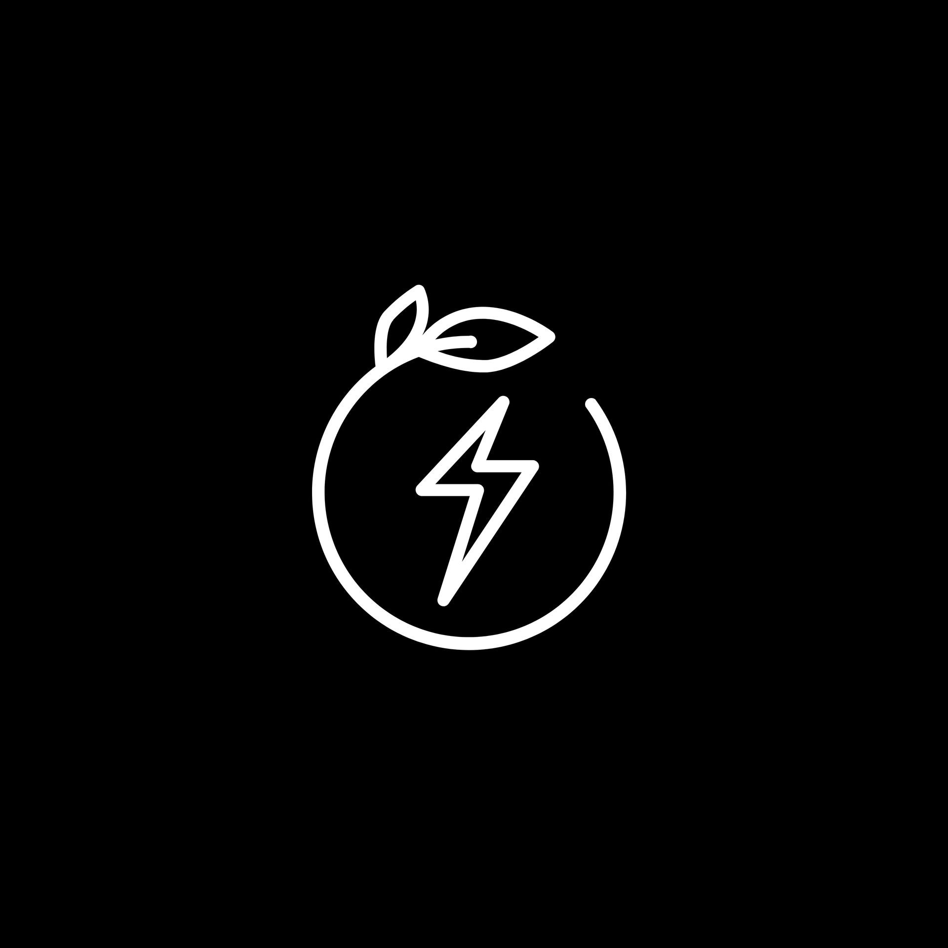 White outline of an orange with a leaf and a lightning bolt inside on a black background.