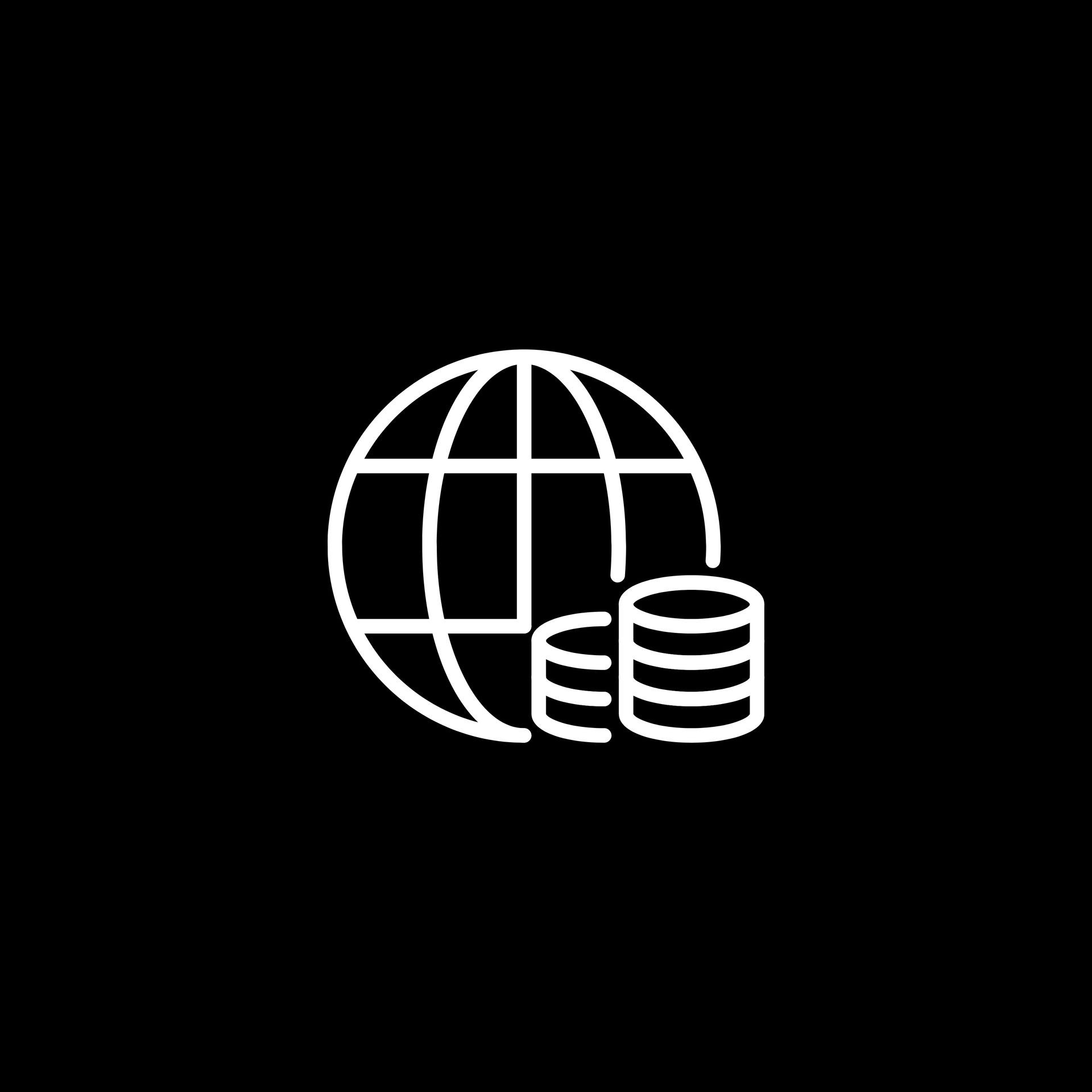 White globe and coin stack icon on a black background.