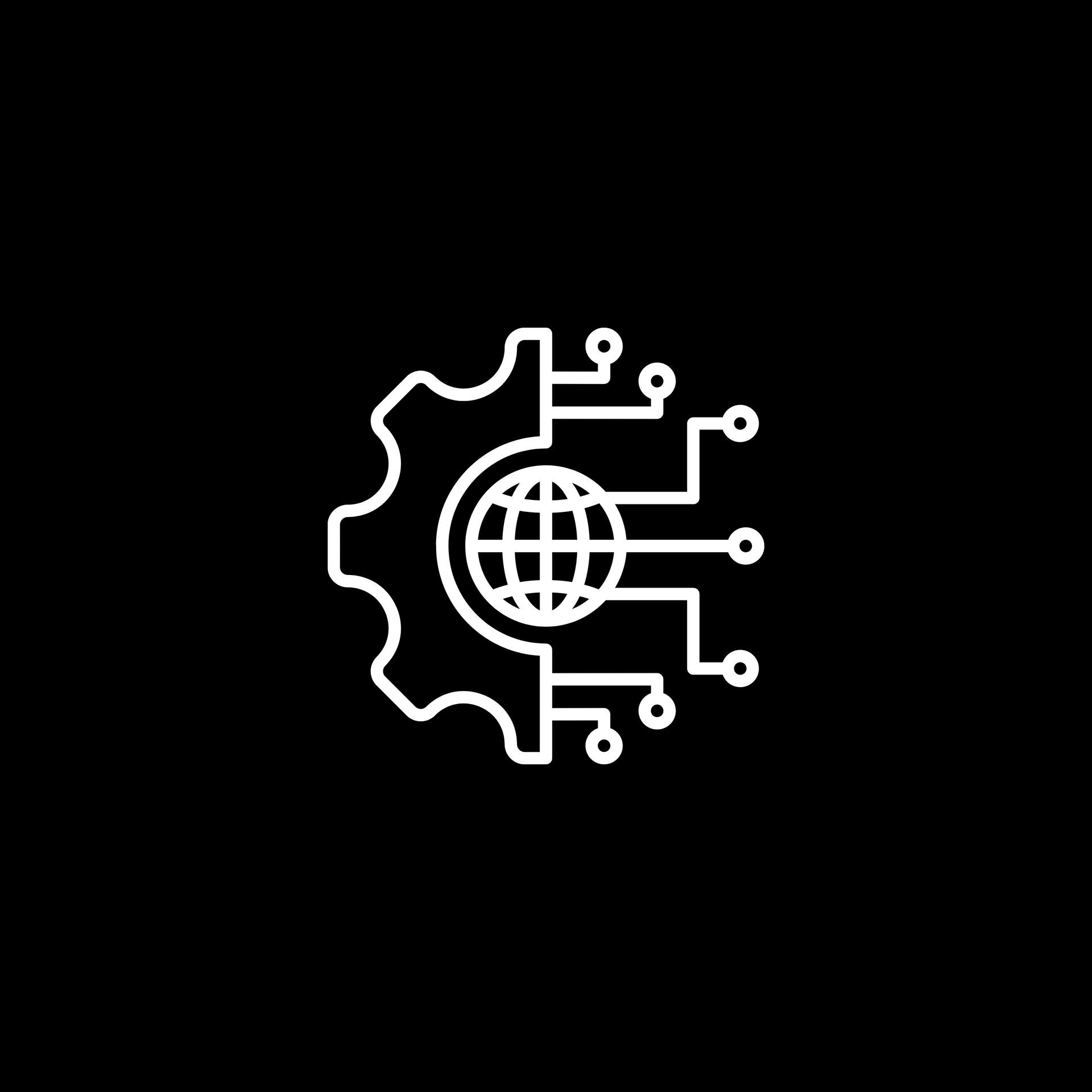 White gear with globe and circuit lines on a black background, representing global technology and connectivity.