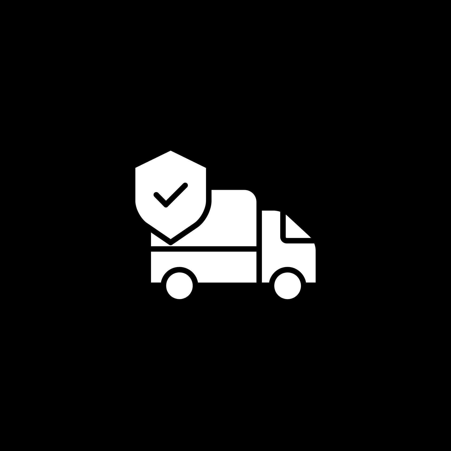 White delivery truck icon with a shield and checkmark on a black background.
