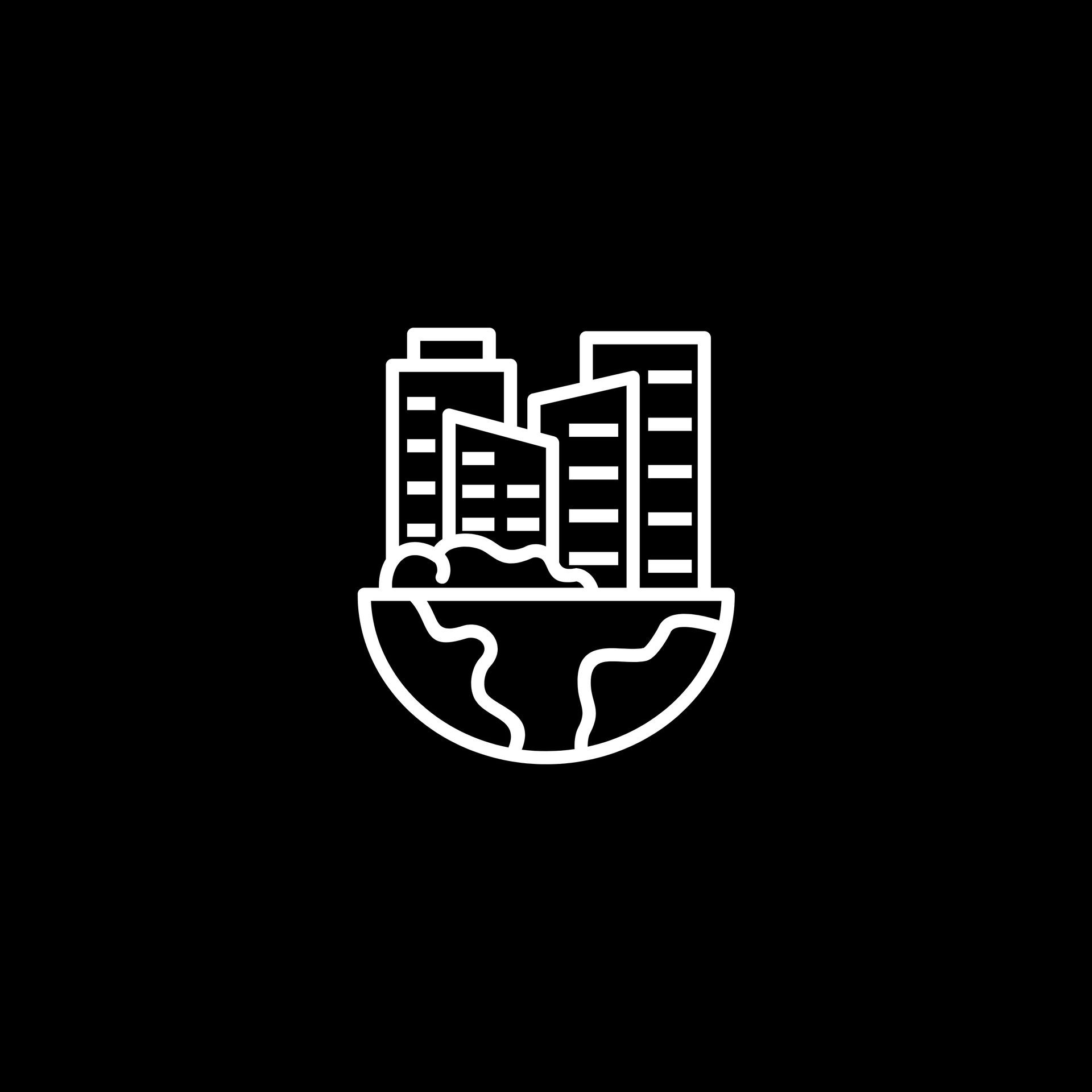 White outline drawing of skyscrapers above half of the Earth's globe on a black background.