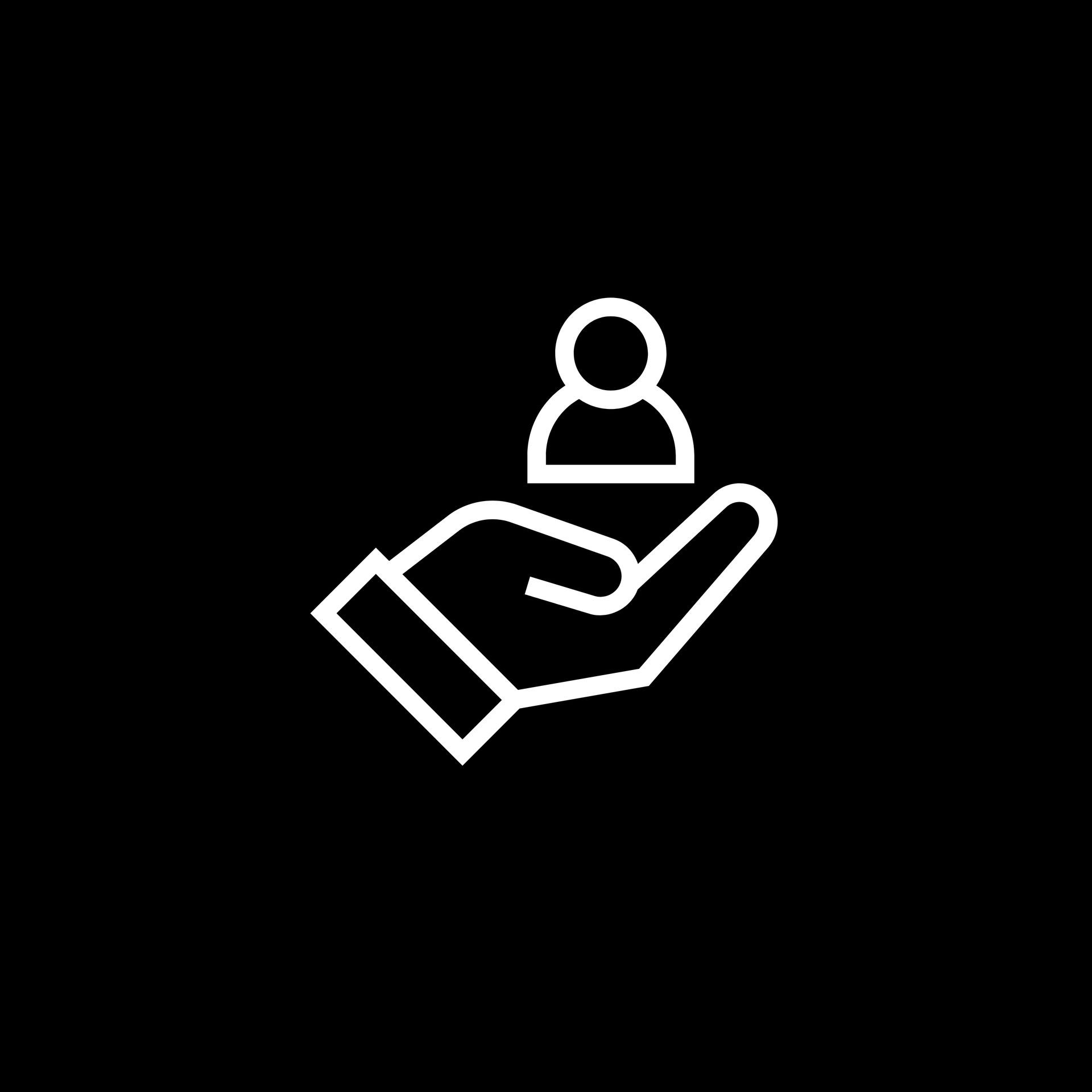 White icon of a hand holding a person symbol on a black background.